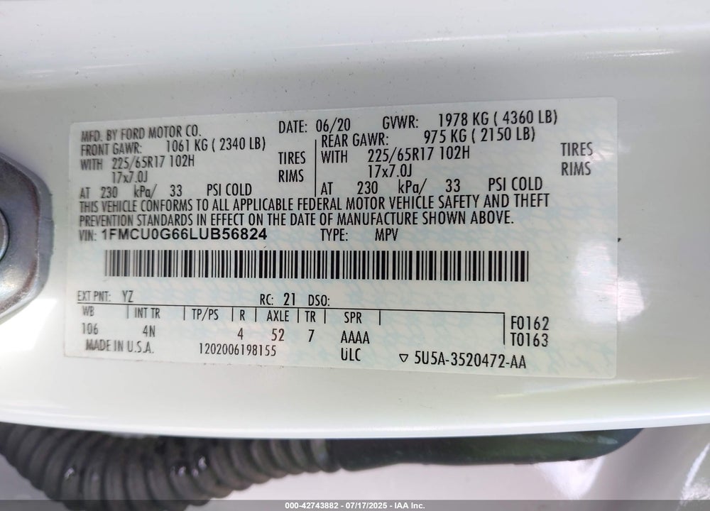2020 FORD ESCAPE VIN: 1FMCU0G66LUB56824