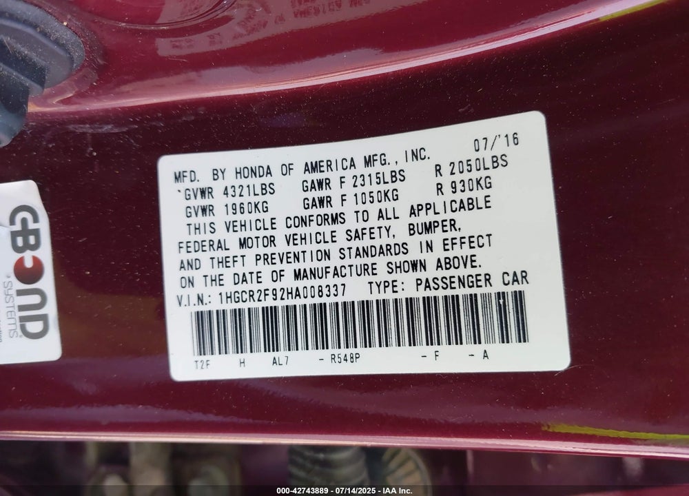 2017 HONDA ACCORD VIN: 1HGCR2F92HA008337