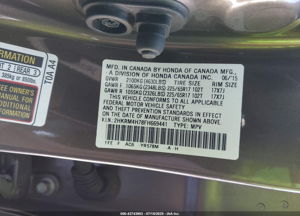 2015 HONDA CR-V VIN: 2HKRM4H78FH669441