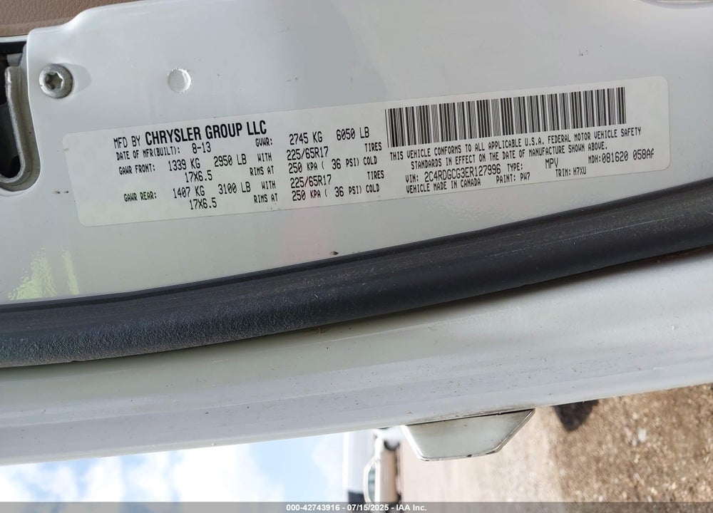 2014 DODGE GRAND CARAVAN SXT VIN: 2C4RDGCG3ER127996