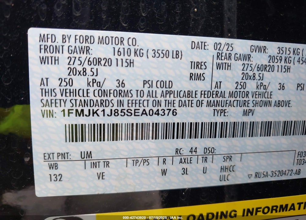 2025 FORD EXPEDITION ACTIVE MAX VIN: 1FMJK1J85SEA04376