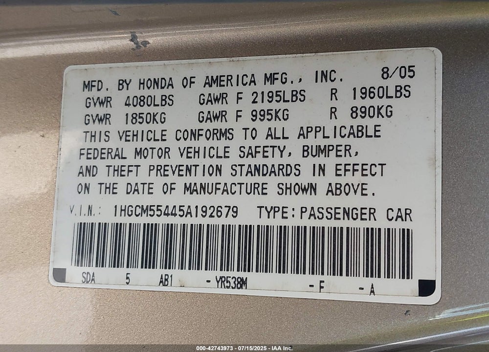 2005 HONDA ACCORD 2.4 LX VIN: 1HGCM55445A192679