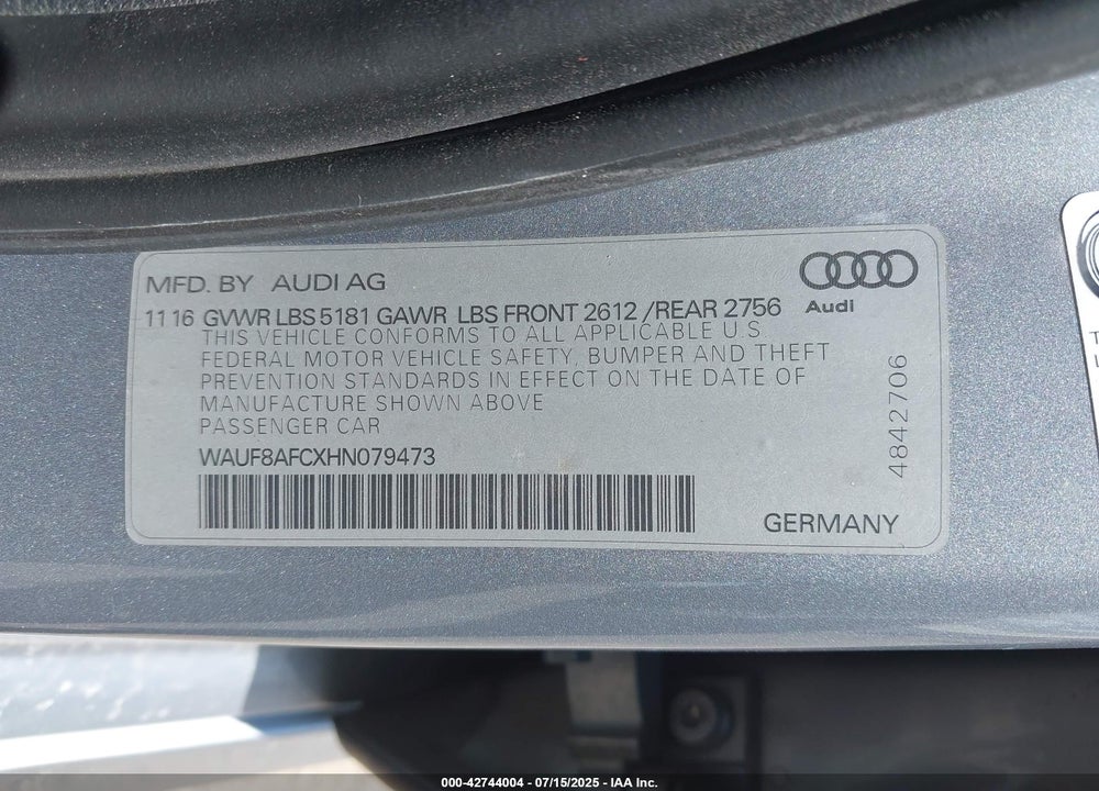 2017 AUDI A6 VIN: WAUF8AFCXHN079473