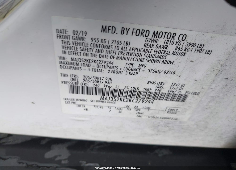 2019 FORD ECOSPORT VIN: MAJ3S2KE2KC279244