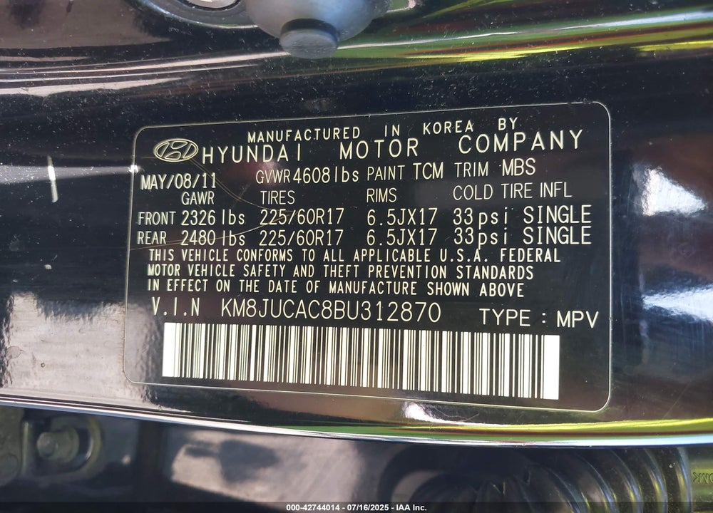 2011 HYUNDAI TUCSON VIN: KM8JUCAC8BU312870