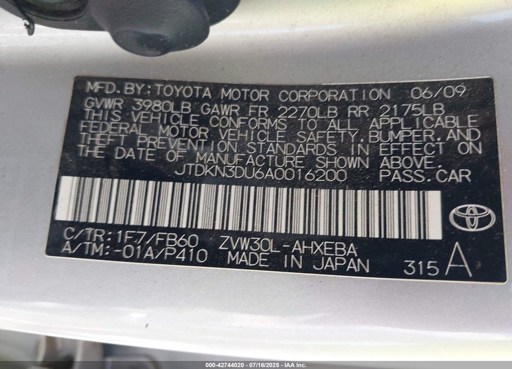 2010 TOYOTA PRIUS VIN: JTDKN3DU6A0016200