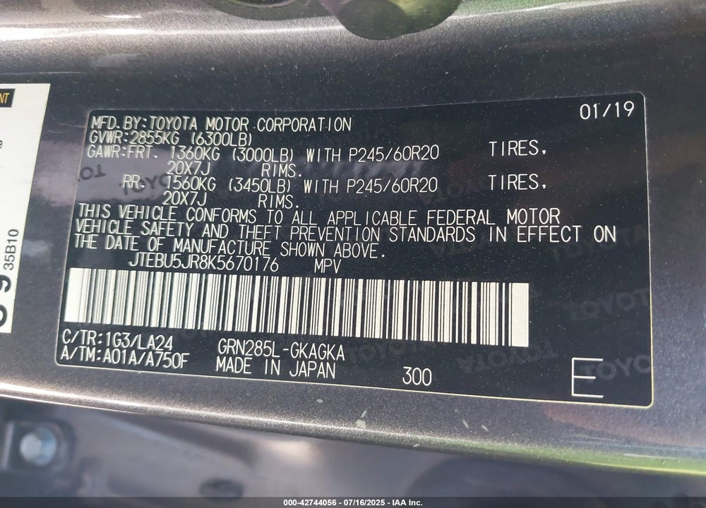 2019 TOYOTA 4RUNNER VIN: JTEBU5JR8K5670176