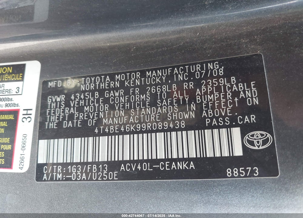 2009 TOYOTA CAMRY VIN: 4T4BE46K99R089438