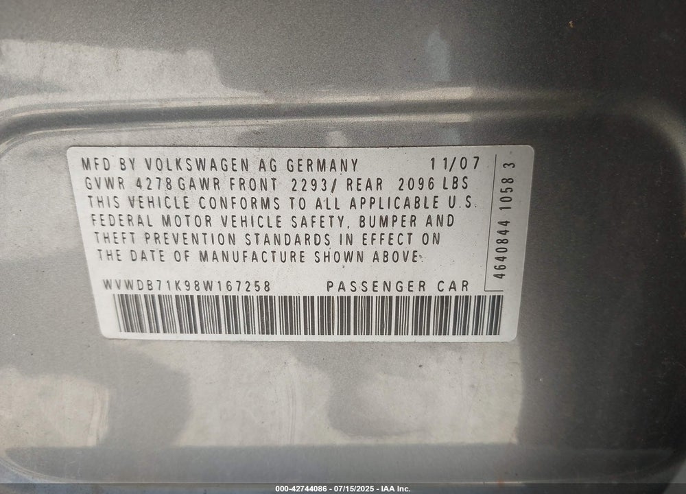 2008 VOLKSWAGEN RABBIT VIN: WVWDB71K98W167258
