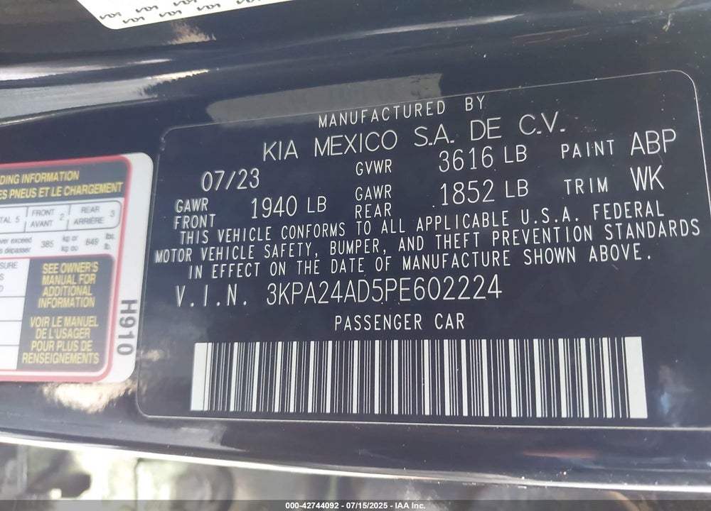 2023 KIA RIO VIN: 3KPA24AD5PE602224