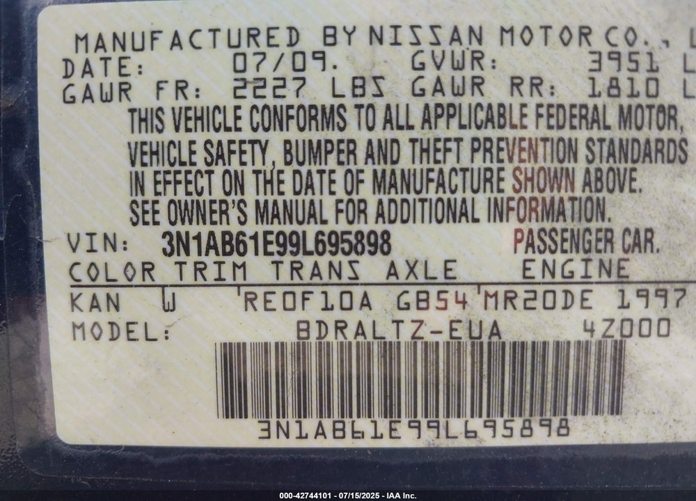 2009 NISSAN SENTRA VIN: 3N1AB61E99L695898
