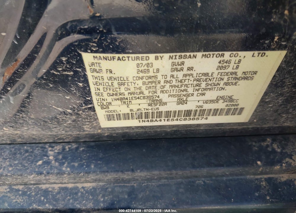 2004 NISSAN MAXIMA 3.5 SE VIN: 1N4BA41E54C838574