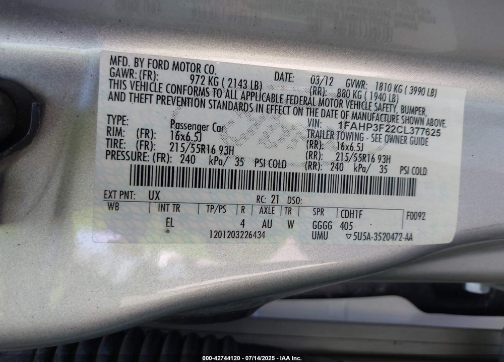 2012 FORD FOCUS VIN: 1FAHP3F22CL377625