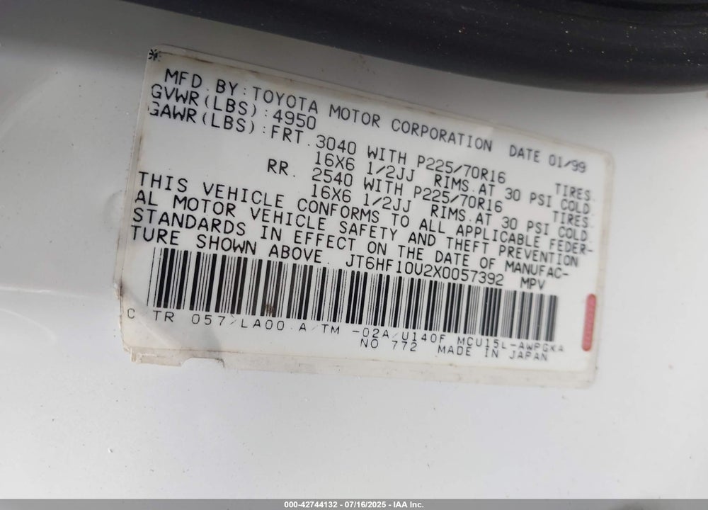 1999 LEXUS RX 300 VIN: JT6HF10U2X0057392