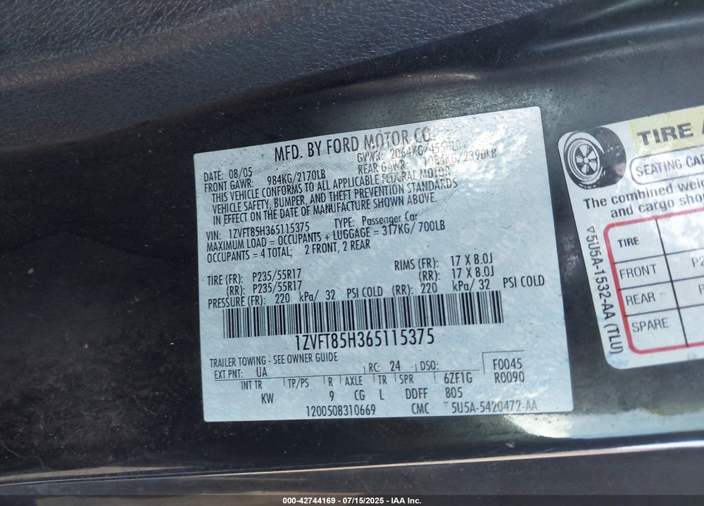 2006 FORD MUSTANG VIN: 1ZVFT85H365115375