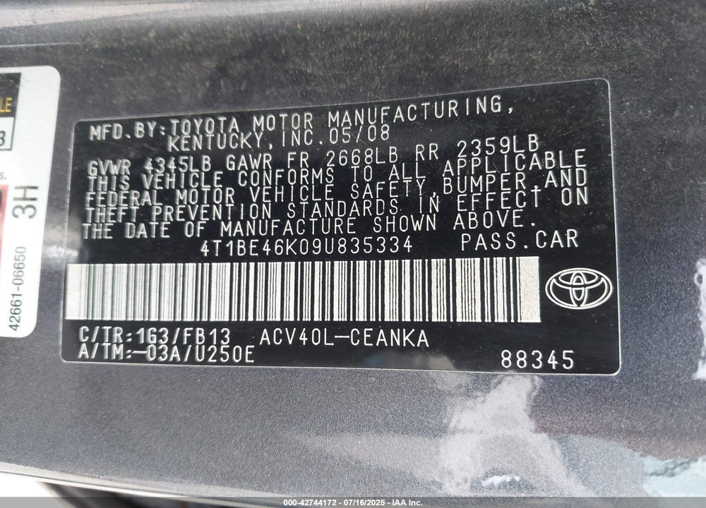 2009 TOYOTA CAMRY VIN: 4T1BE46K09U835334