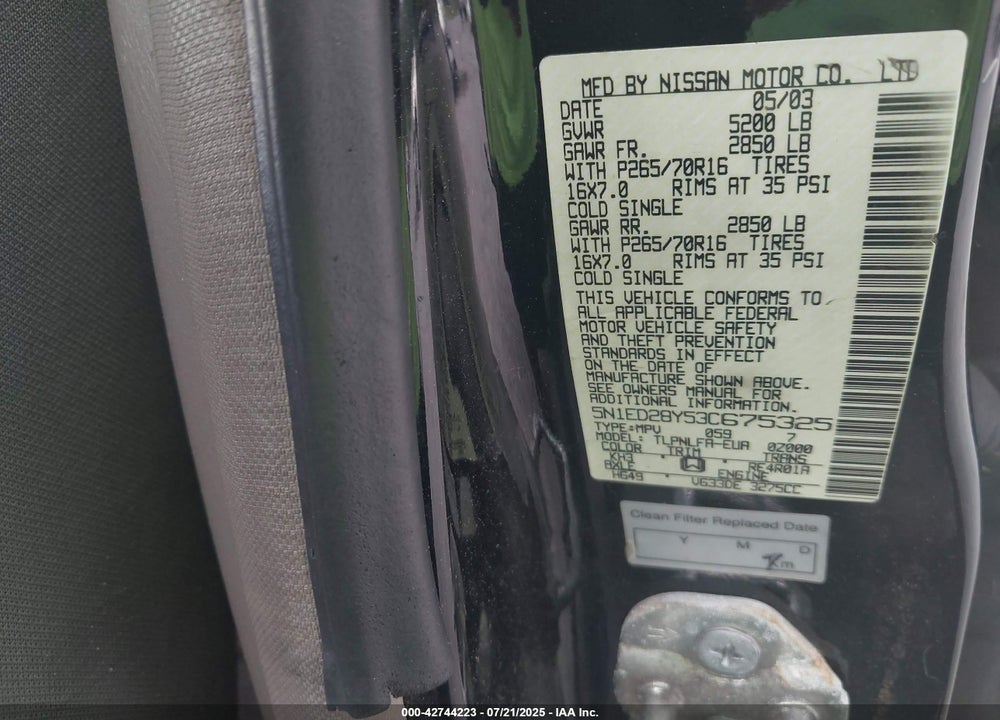 2003 NISSAN XTERRA SE VIN: 5N1ED28Y53C675325
