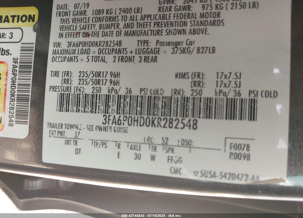 2019 FORD FUSION VIN: 3FA6P0HD0KR282548