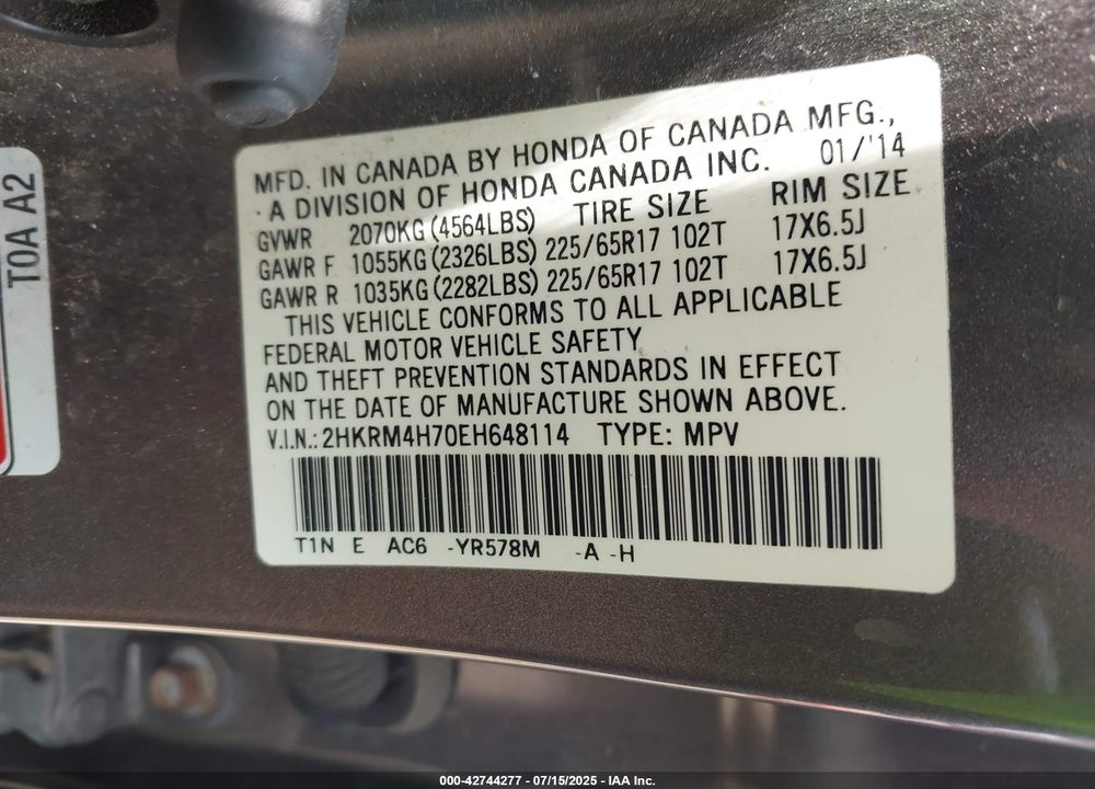 2014 HONDA CR-V VIN: 2HKRM4H70EH648114