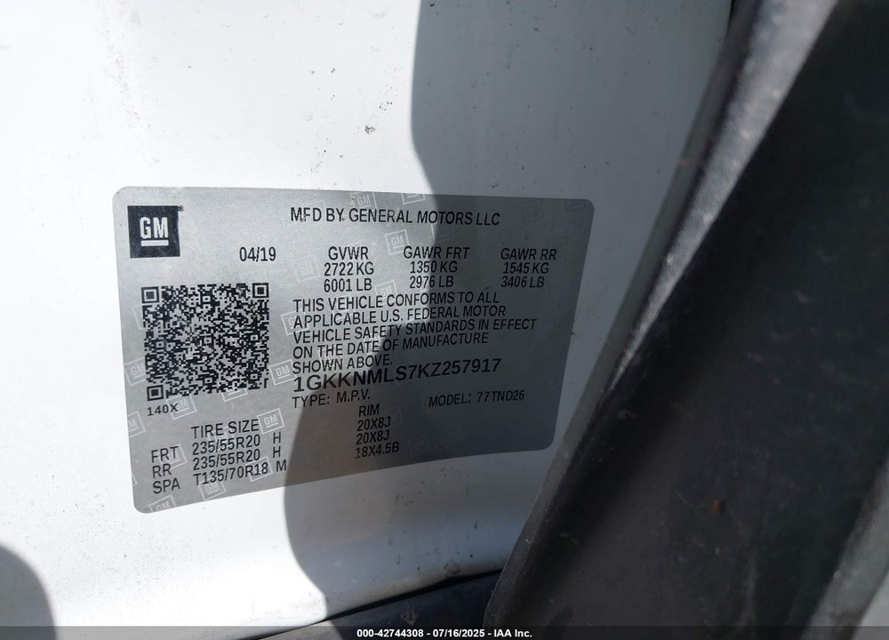 2019 GMC ACADIA VIN: 1GKKNMLS7KZ257917