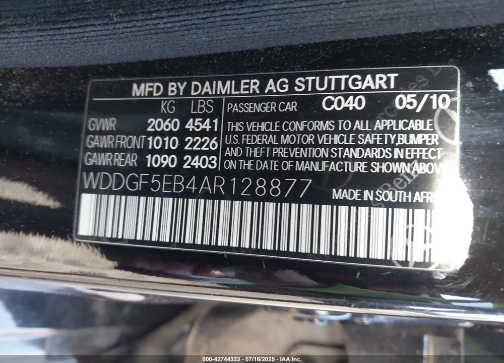 2010 MERCEDES-BENZ C CLASS VIN: WDDGF5EB4AR128877