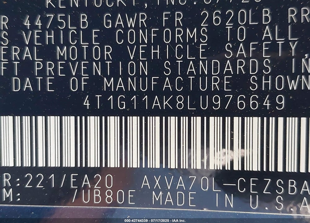 2020 TOYOTA CAMRY SE VIN: 4T1G11AK8LU976649