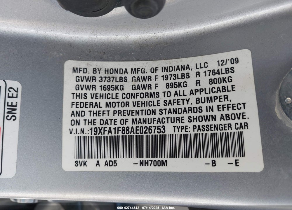 2010 HONDA CIVIC VIN: 19XFA1F88AE026753