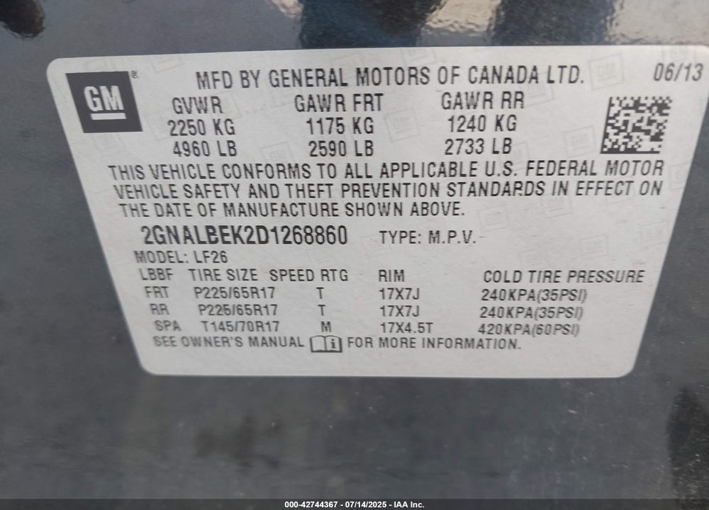 2013 CHEVROLET EQUINOX VIN: 2GNALBEK2D1268860