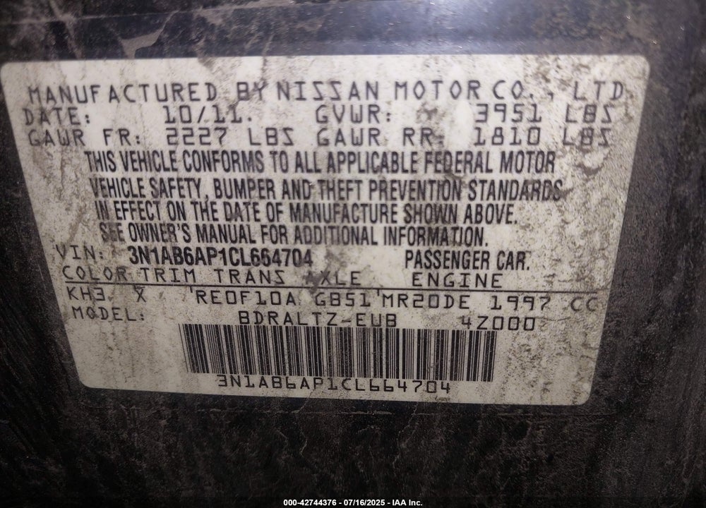 2012 NISSAN SENTRA VIN: 3N1AB6AP1CL664704