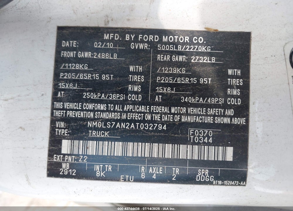2010 FORD TRANSIT CONNECT XL VIN: NM0LS7AN2AT032794