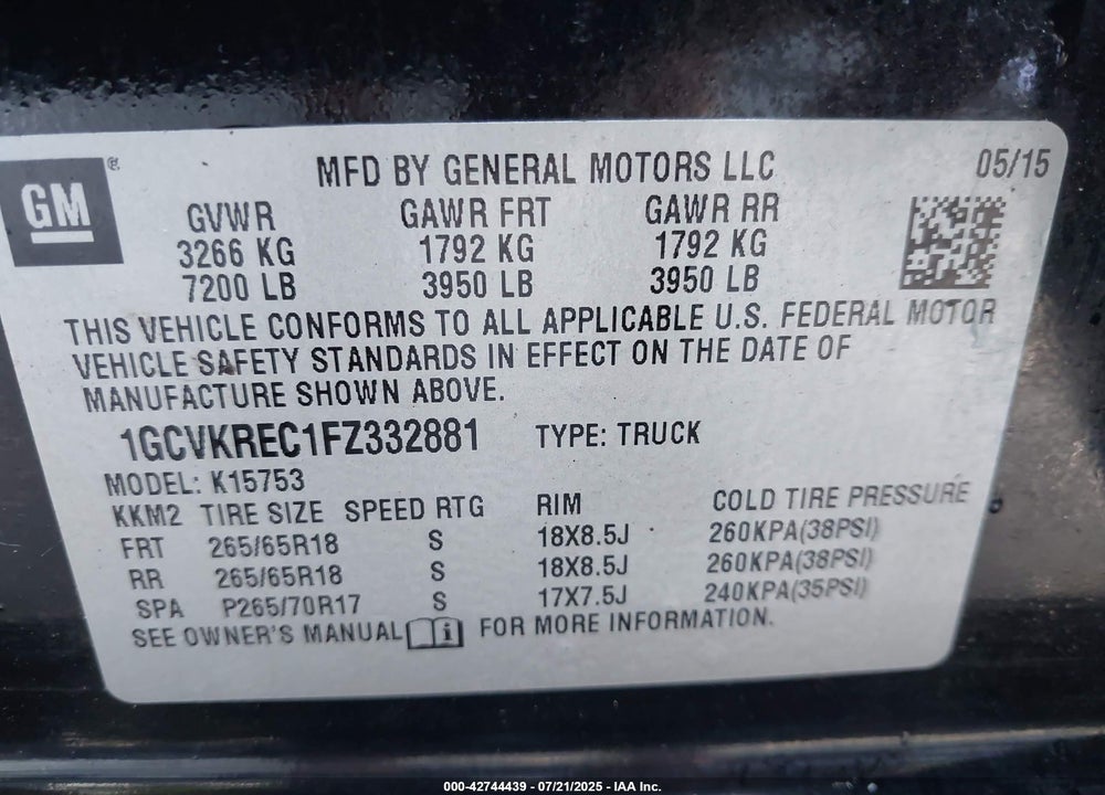 2015 CHEVROLET SILVERADO 1500 VIN: 1GCVKREC1FZ332881