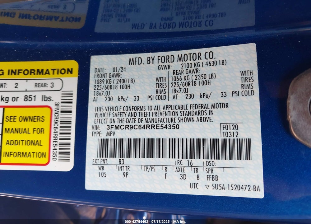 2024 FORD BRONCO SPORT OUTER BANKS VIN: 3FMCR9C64RRE54350