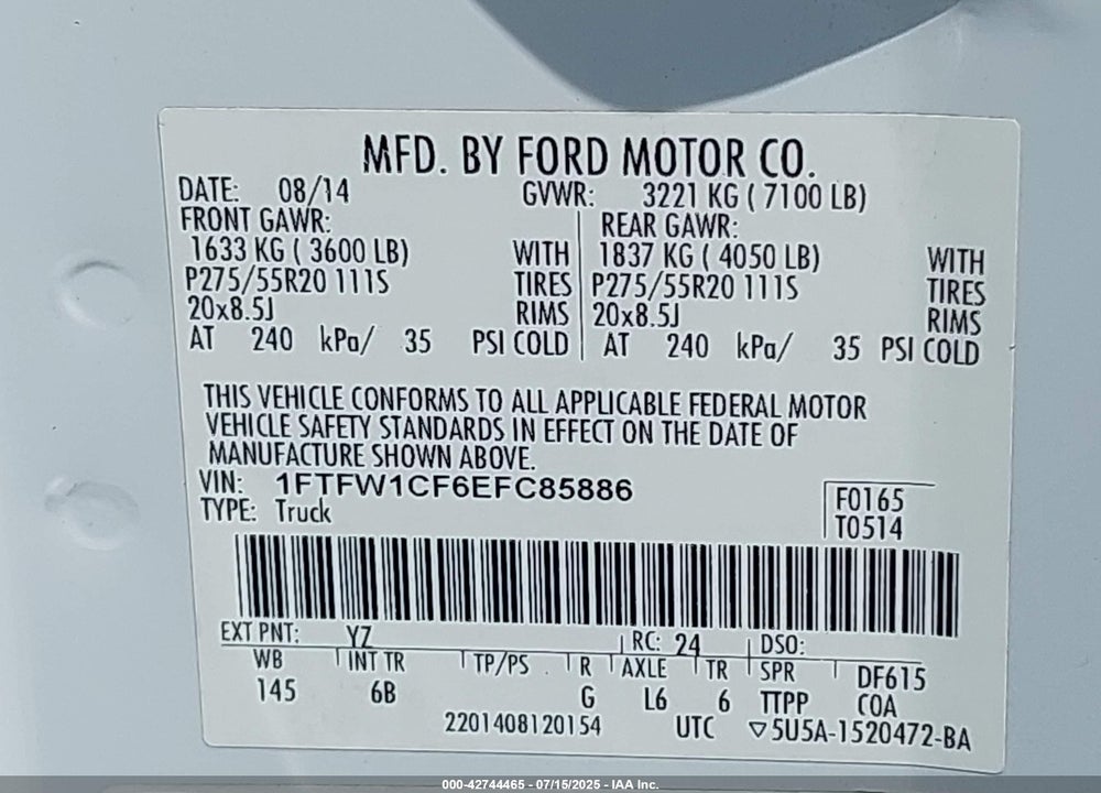 2014 FORD F150 VIN: 1FTFW1CF6EFC85886