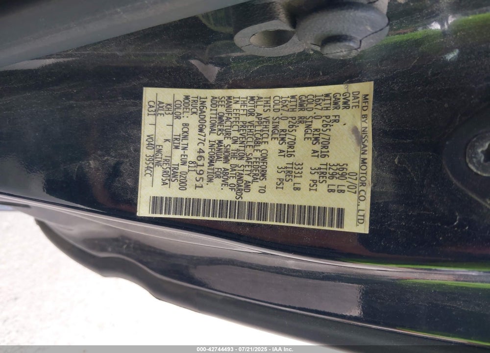 2007 NISSAN FRONTIER VIN: 1N6AD06W77C461951
