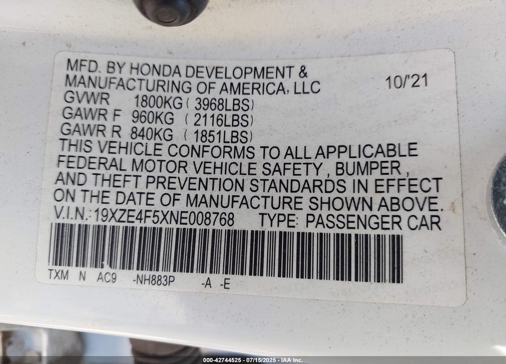 2022 HONDA INSIGHT VIN: 19XZE4F5XNE008768