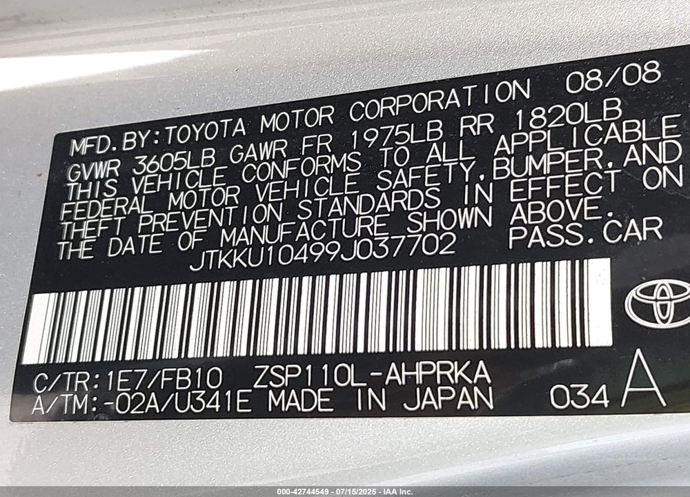 2009 SCION XD VIN: JTKKU10499J037702