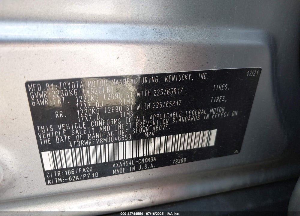 2021 TOYOTA RAV4 HYBRID XLE VIN: 4T3RWRFV8MU046559
