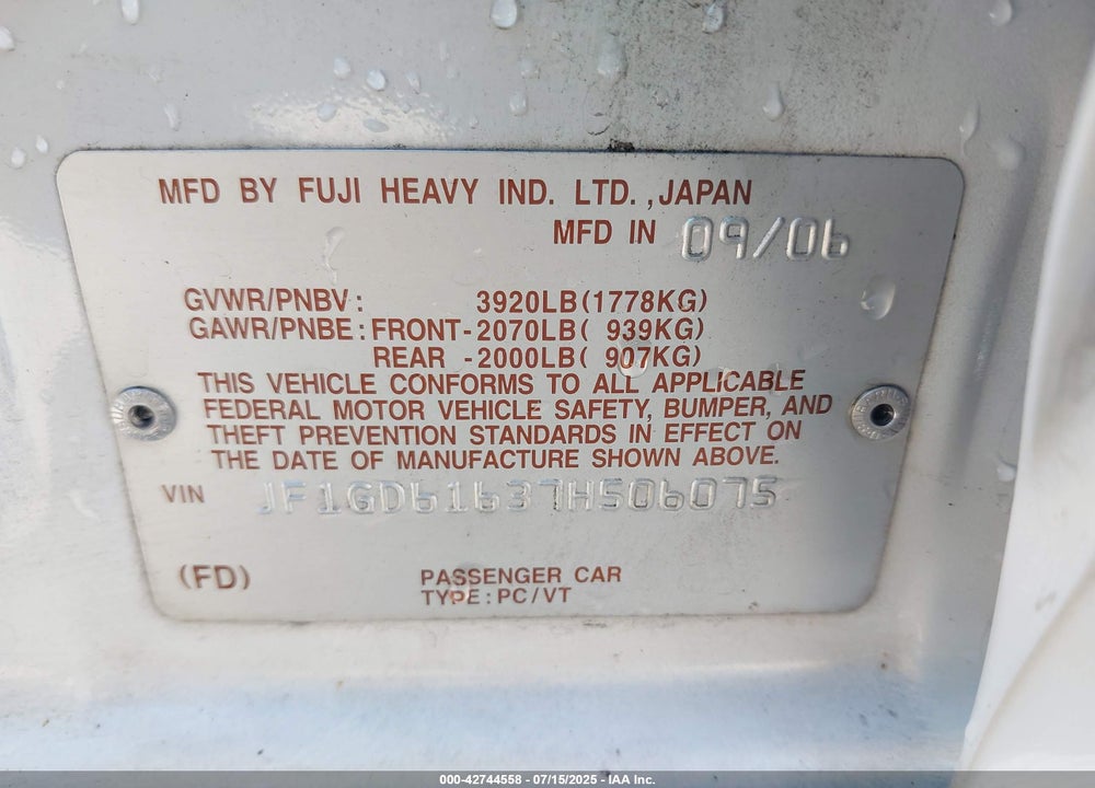 2007 SUBARU IMPREZA VIN: JF1GD61637H506075