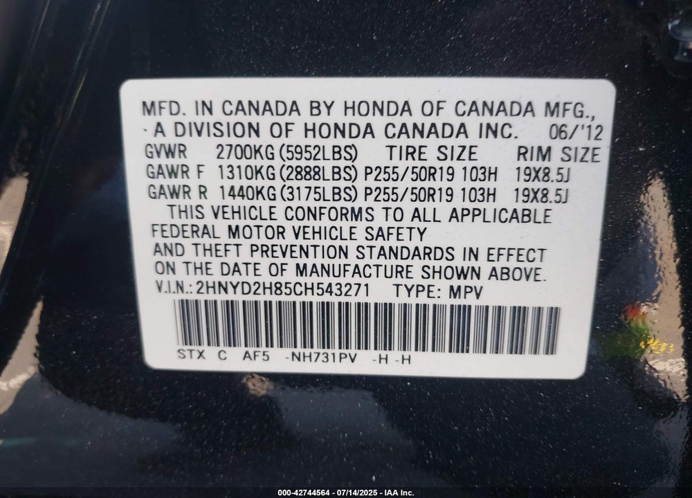 2012 ACURA MDX VIN: 2HNYD2H85CH543271