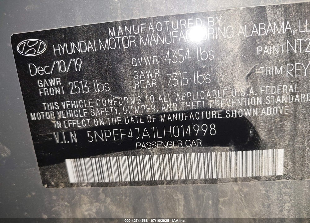 2020 HYUNDAI SONATA VIN: 5NPEF4JA1LH014998
