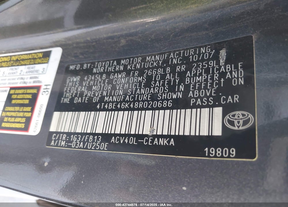 2008 TOYOTA CAMRY LE VIN: 4T4BE46K48R020686