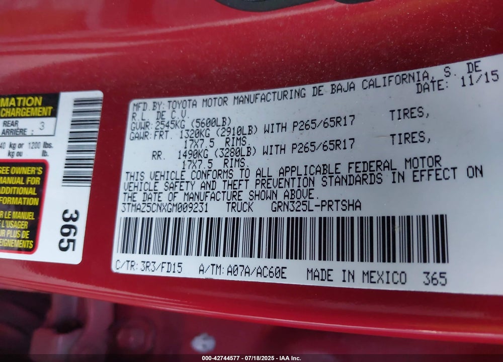 2016 TOYOTA TACOMA VIN: 3TMAZ5CNXGM009231
