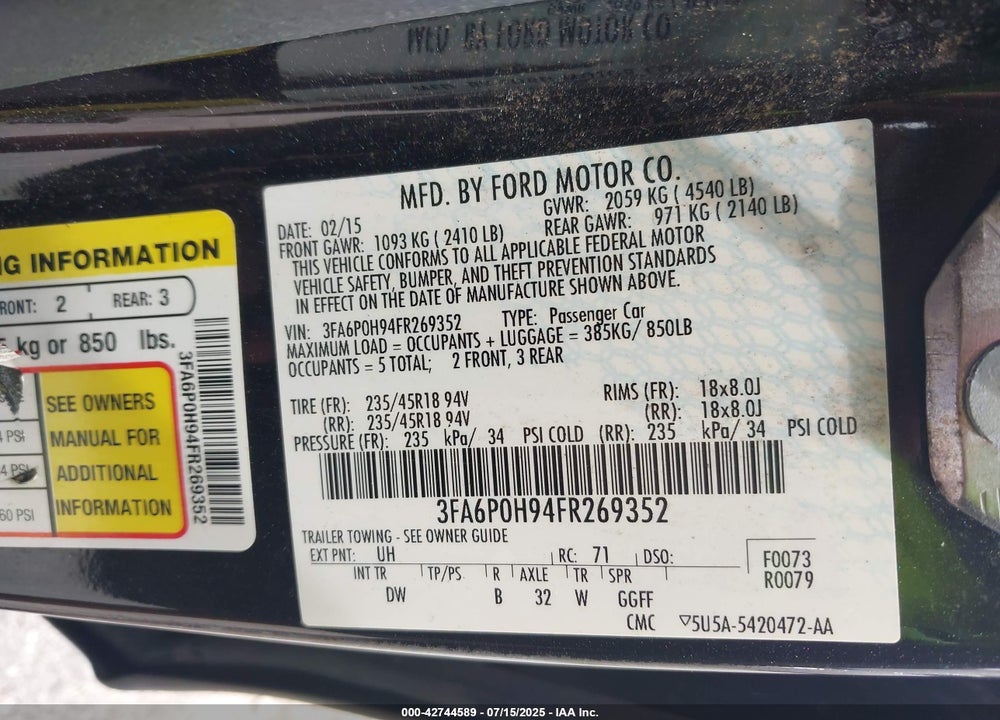 2015 FORD FUSION VIN: 3FA6P0H94FR269352