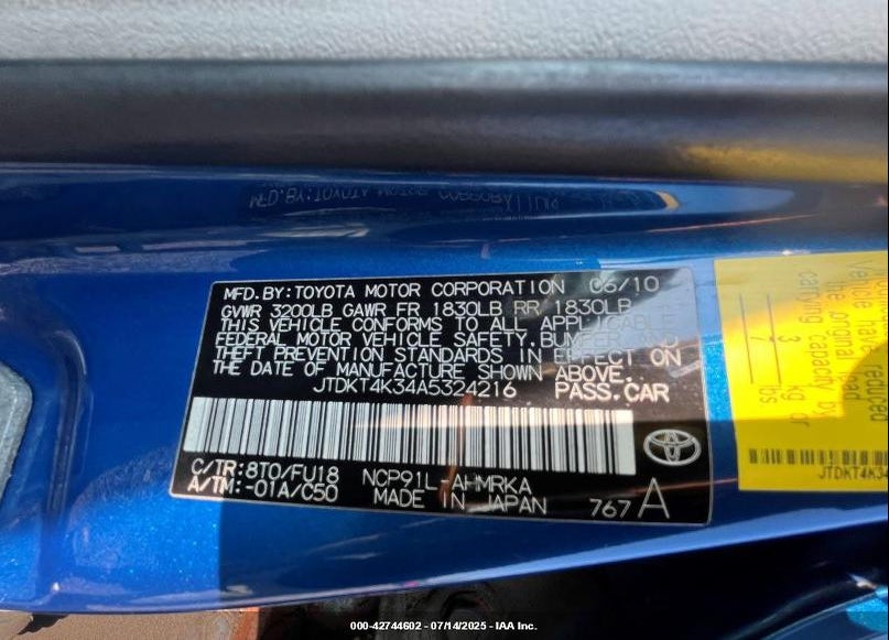 2010 TOYOTA YARIS VIN: JTDKT4K34A5324216
