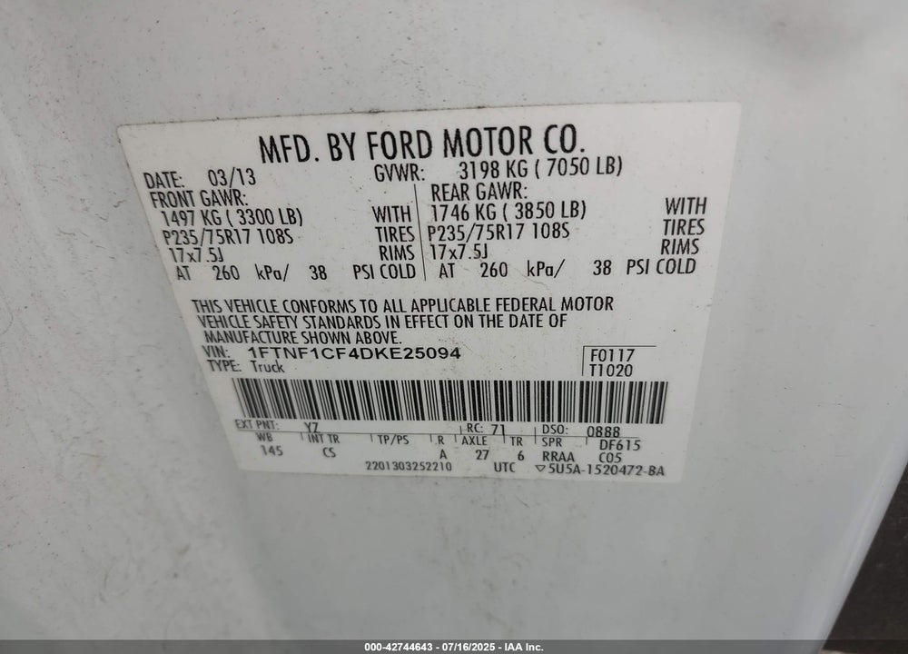 2013 FORD F-150 VIN: 1FTNF1CF4DKE25094