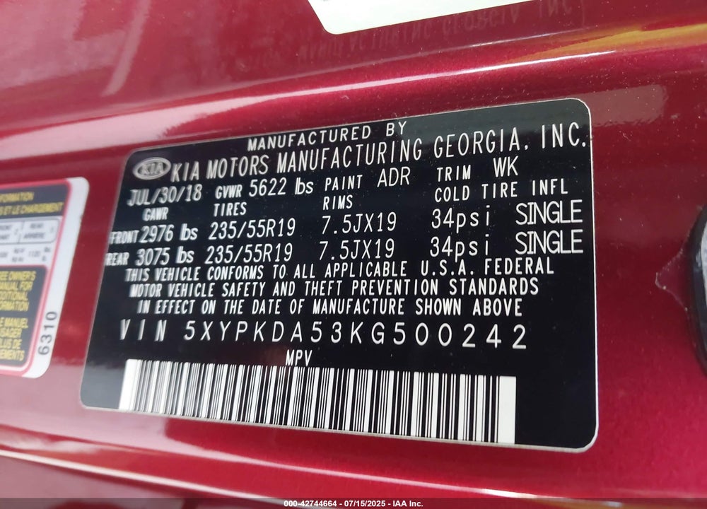 2019 KIA SORENTO VIN: 5XYPKDA53KG500242