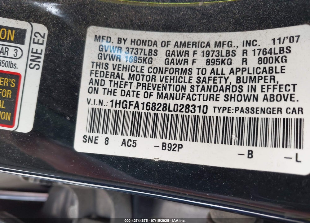 2008 HONDA CIVIC EX VIN: 1HGFA16828L028310