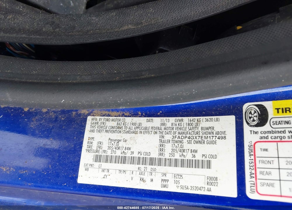 2014 FORD FIESTA VIN: 3FADP4GX7EM177498