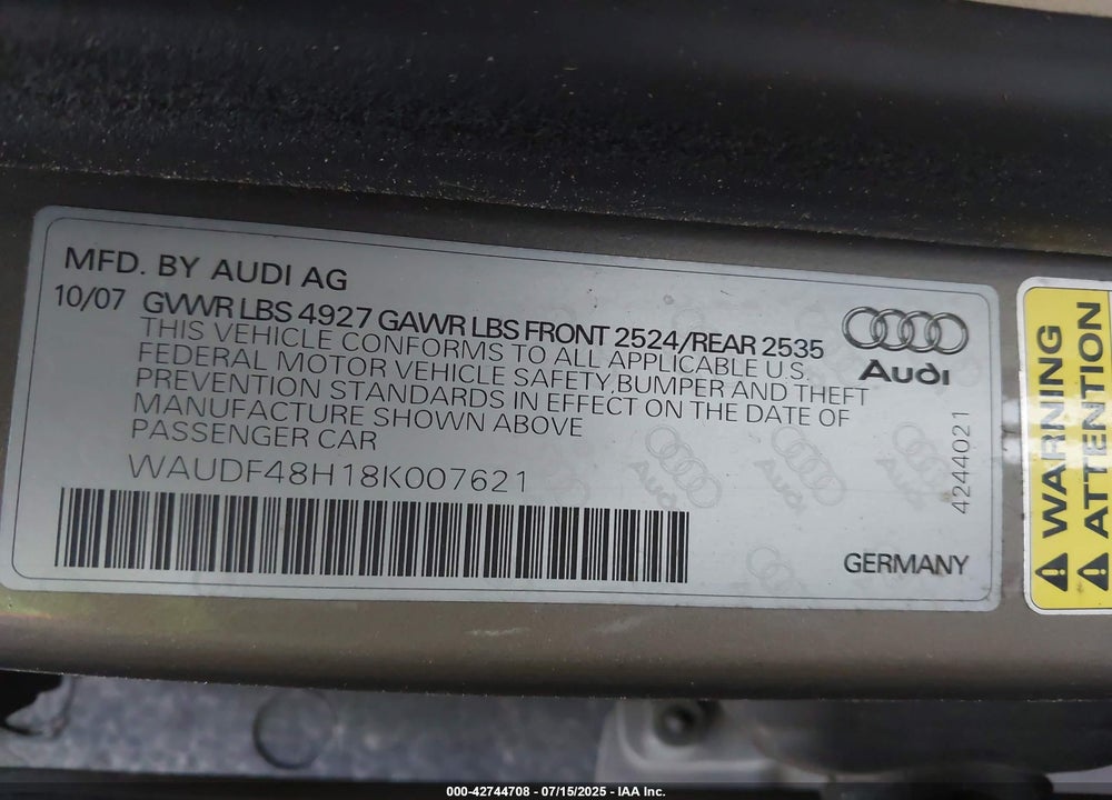 2008 AUDI A4 VIN: WAUDF48H18K007621