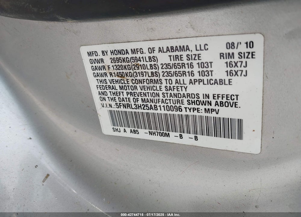 2010 HONDA ODYSSEY LX VIN: 5FNRL3H25AB110096